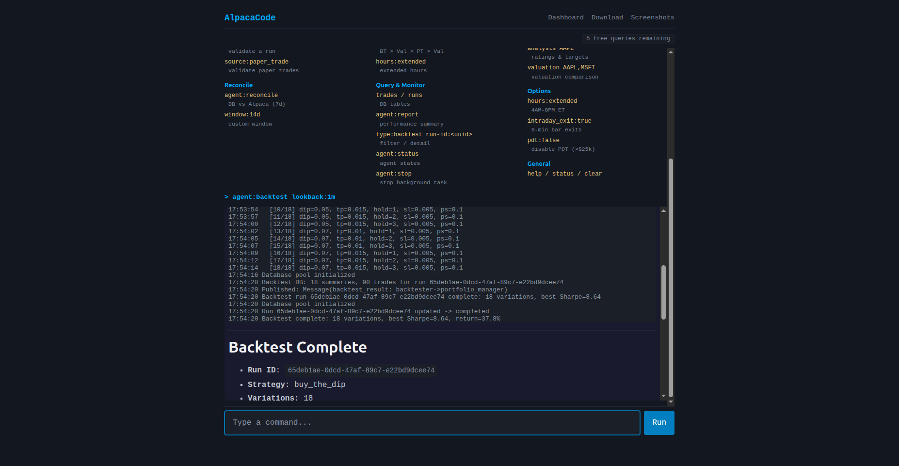 Live log console — real-time backtest streaming