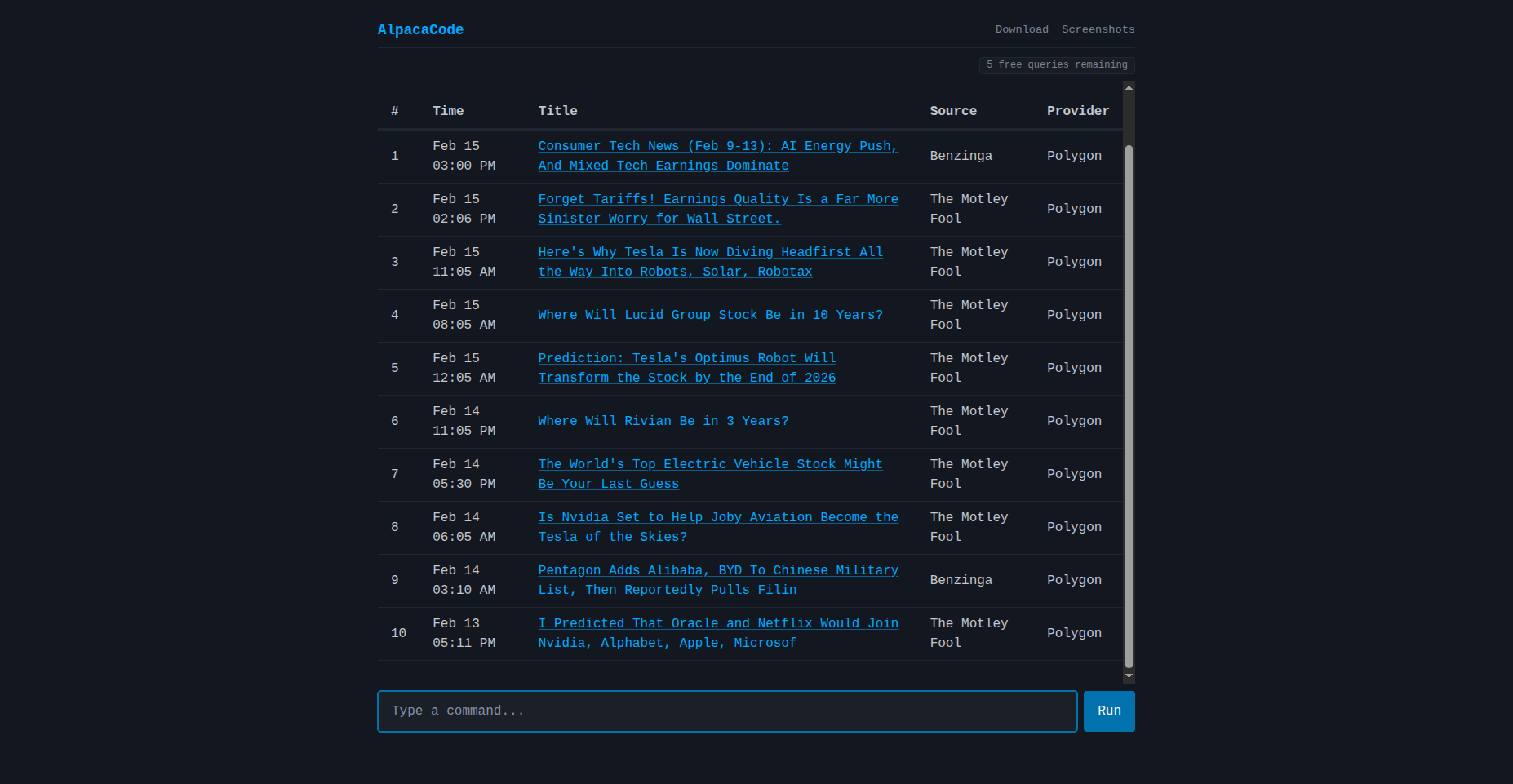 News command — company headlines