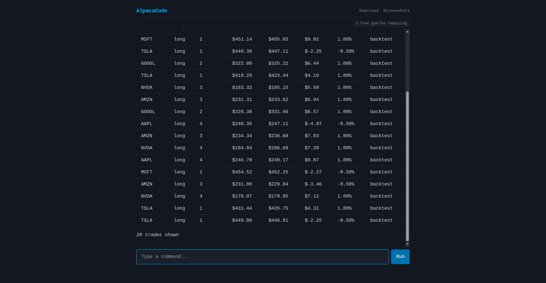 Trades table — executed trades from DB